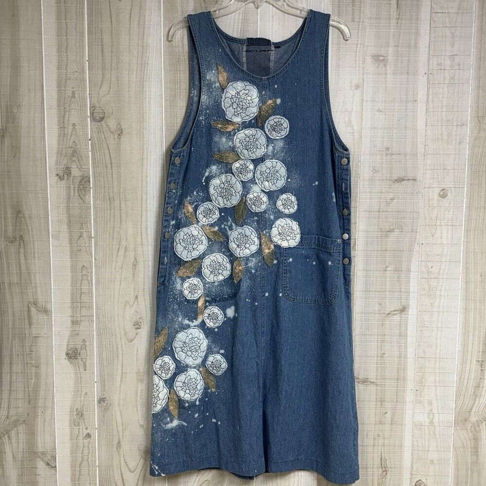 VTG Denim Hand Embroidered Denim Overall Dress Novelty‎ Cottagecore Floral M/L